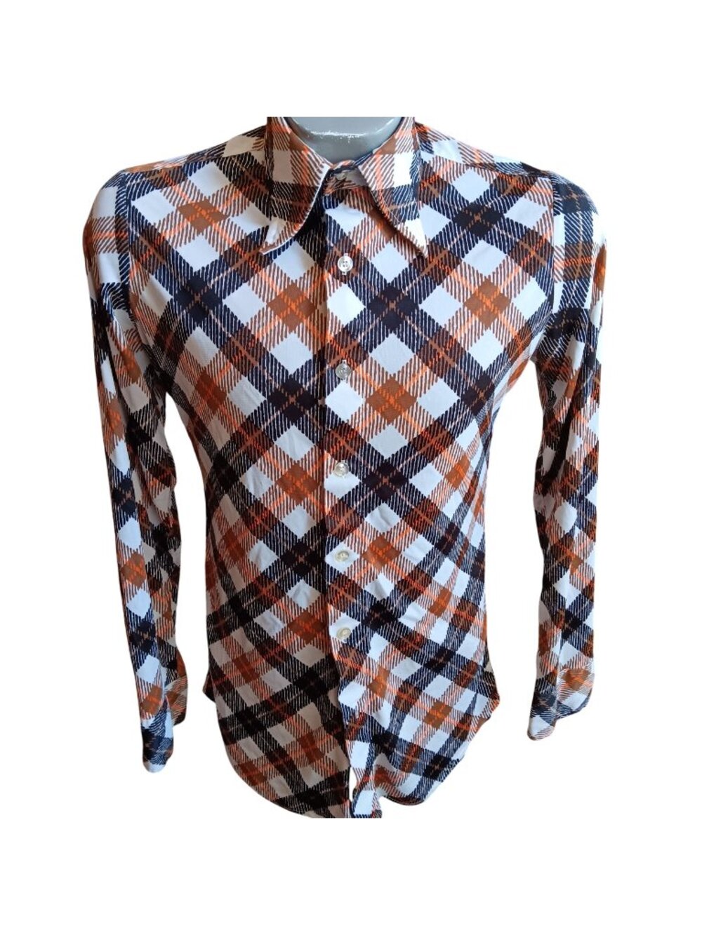 Vintage 1970's Disco Mod Shirt Small Mens Medici Bold Plaid Stretch Acetate